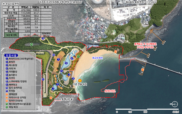 동백정해수욕장 리조트 지적도로 실제 평면지도에 부지를 표시한 사진 입니다.