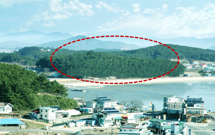 서면 도둔리 군유지 관광숙박시설 전경사진으로 유치될 장소(산)을 표시하고있습니다.