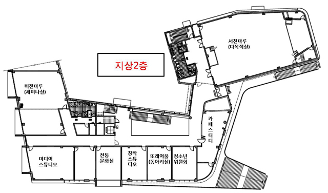 서천군청소년수련관 지상2층 배치도로 비전마루(세미나실), 미디어스튜디오, 전통문화실, 창작스튜디오, 또래여울(동아리실), 청소년위원회, 카페스터디, 서천마루(다목적실)이 위치해 있습니다.